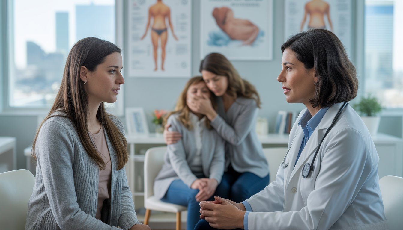 A female OB-GYN talks compassionately with a young woman patient in a bright medical office while a therapist supports another patient nearby.