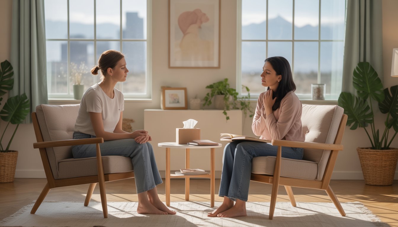 A female therapist comforting a grieving woman in a bright therapy room with large windows showing a city and mountain view.