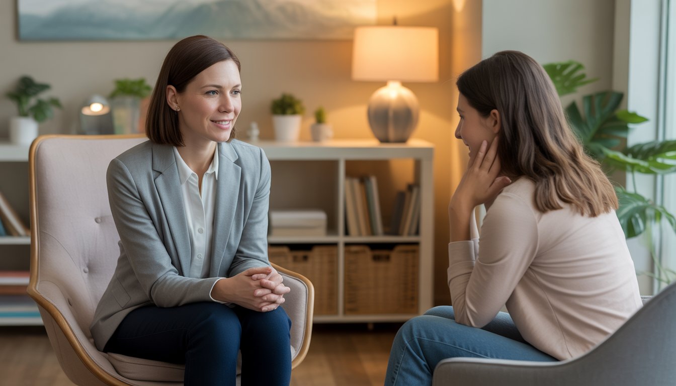 A female therapist attentively listening to a woman in a cozy therapy office with a window showing Denver outside.