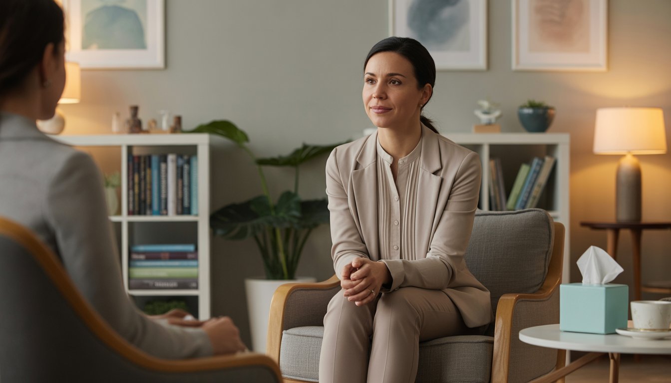 A female therapist sitting in a cozy office, attentively listening with a gentle smile.