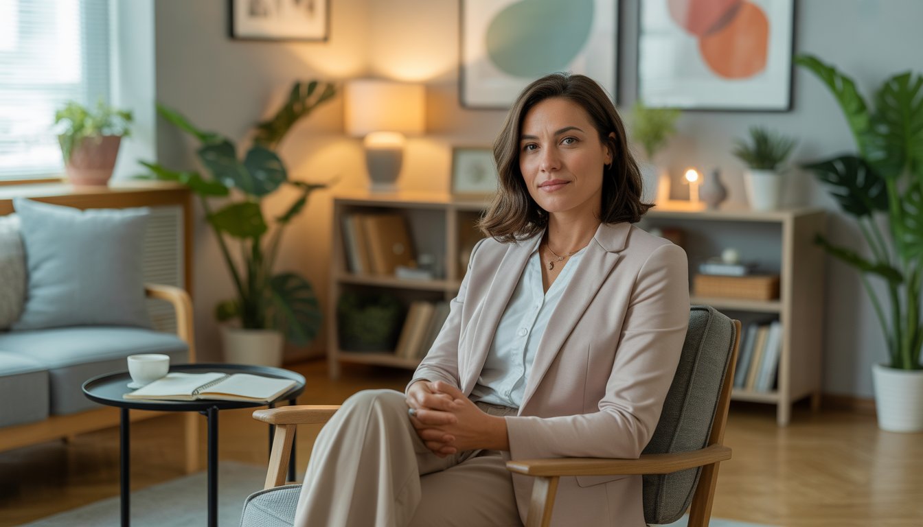 A female therapist sitting in a cozy office with warm lighting, plants, and bookshelves, creating a calm and supportive atmosphere.