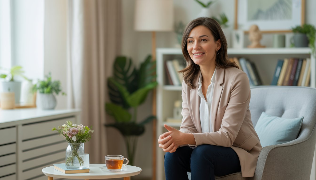 A female therapist sitting in a bright, cozy office with calming decor, offering a warm and empathetic presence.