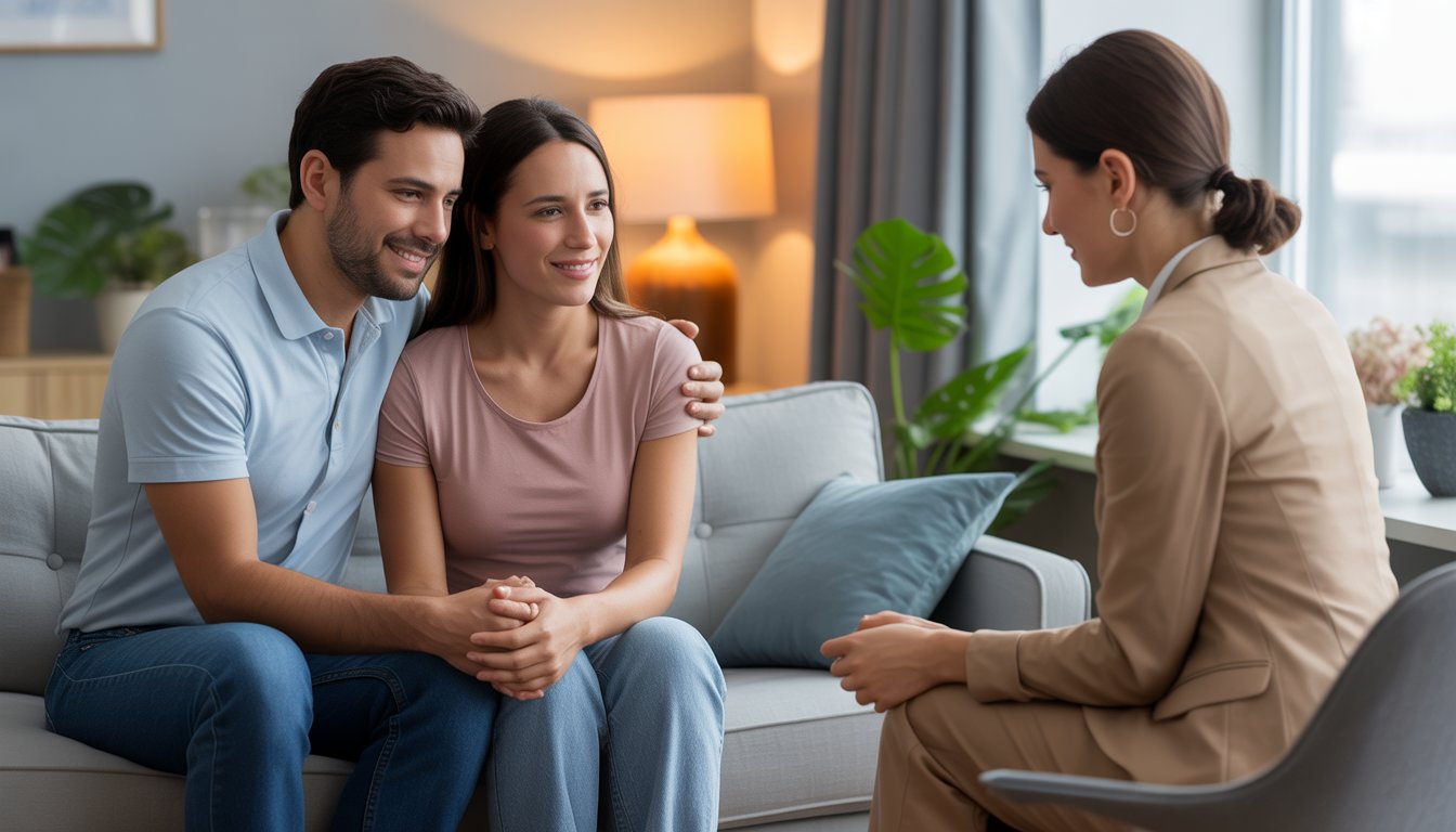 A couple sitting together in a therapy office with a female therapist listening attentively.