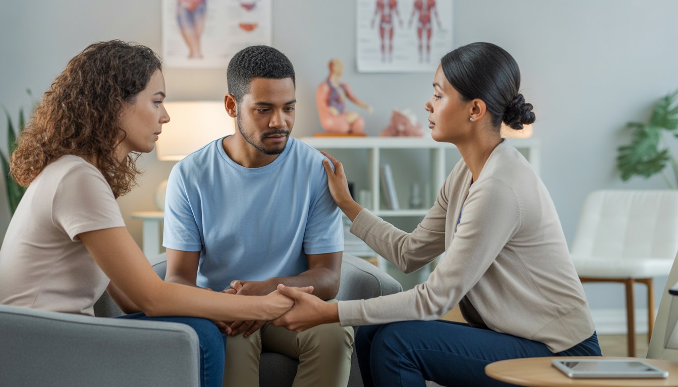 A therapist supports a young couple during a counseling session in a calm, comfortable office.