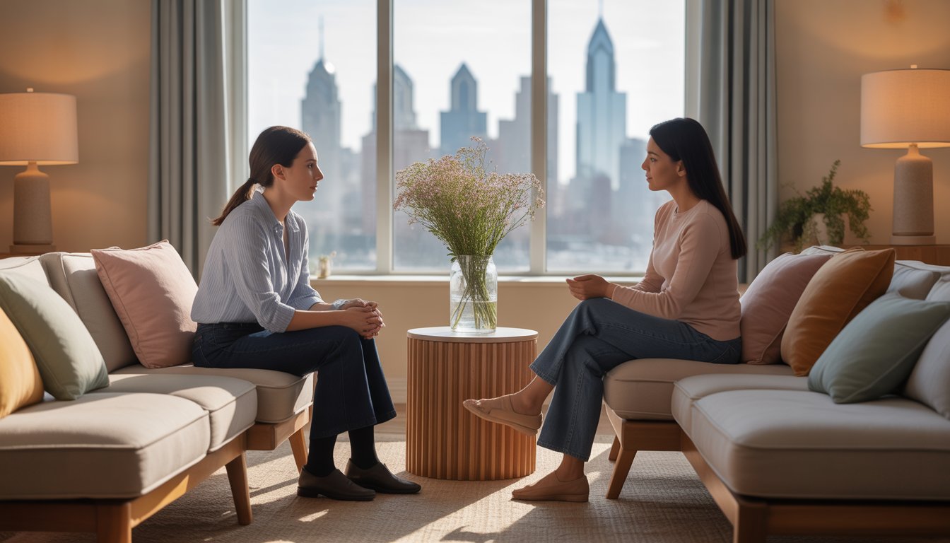 A therapist and a parent sitting in a warm, softly lit room with wildflowers on a table, offering support and comfort.