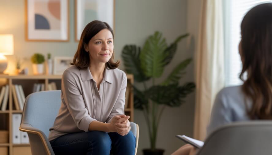 A female therapist sitting in a comfortable office, attentively listening with a gentle expression in a calm and welcoming environment.