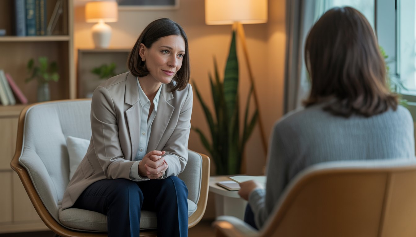 A female therapist sitting in a comfortable office, attentively listening and offering support.