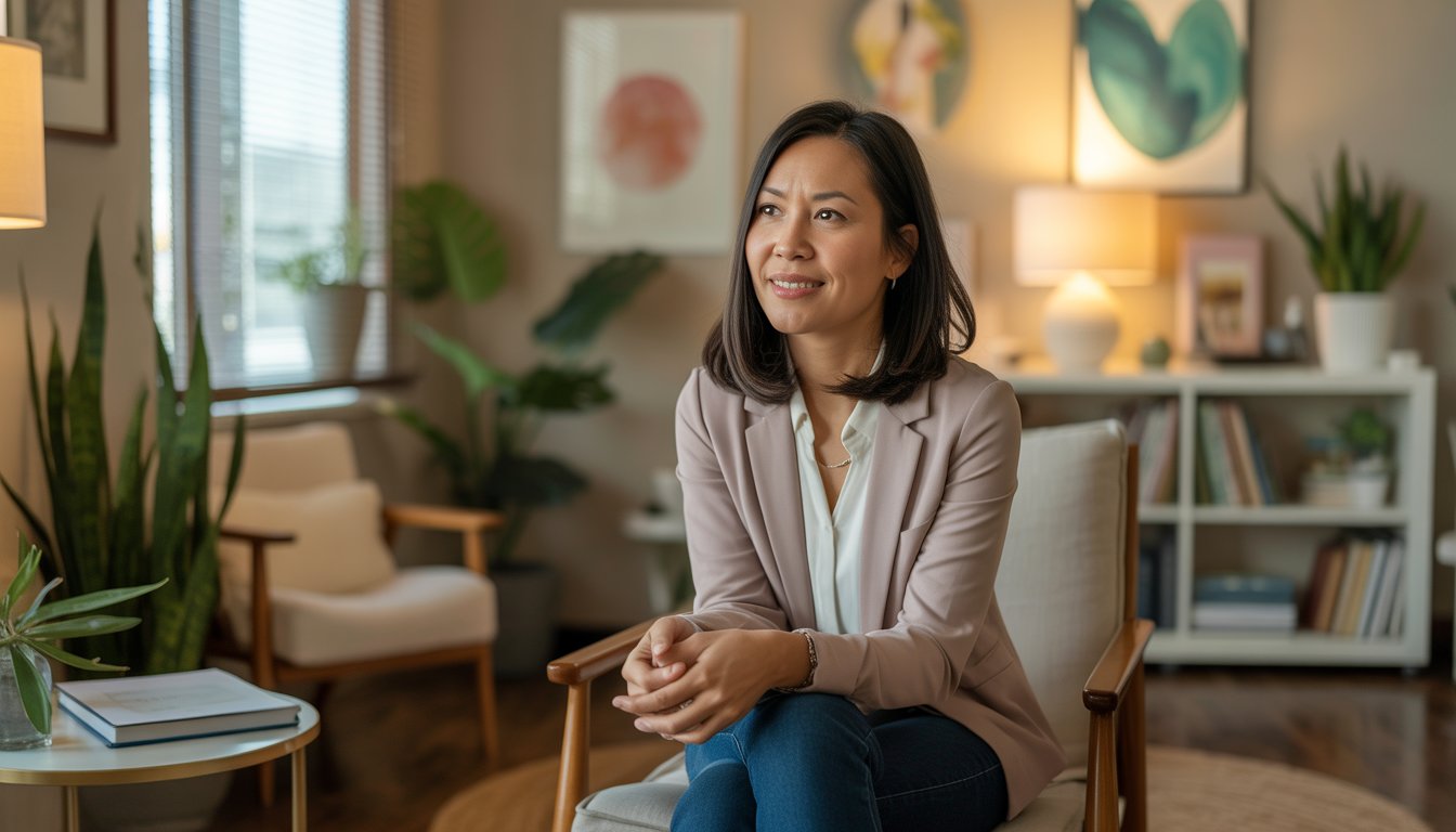 A female therapist sitting in a comfortable office, looking empathetic and attentive.