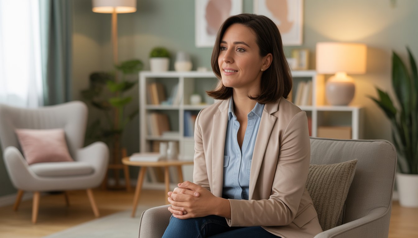 A female therapist sitting in a comfortable office, looking calm and empathetic.
