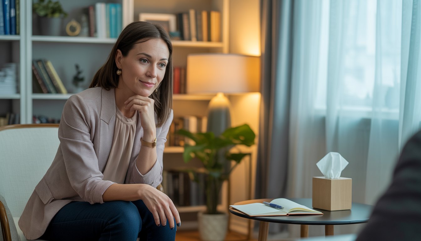 A female therapist sitting in a comfortable office, attentively listening and smiling gently.