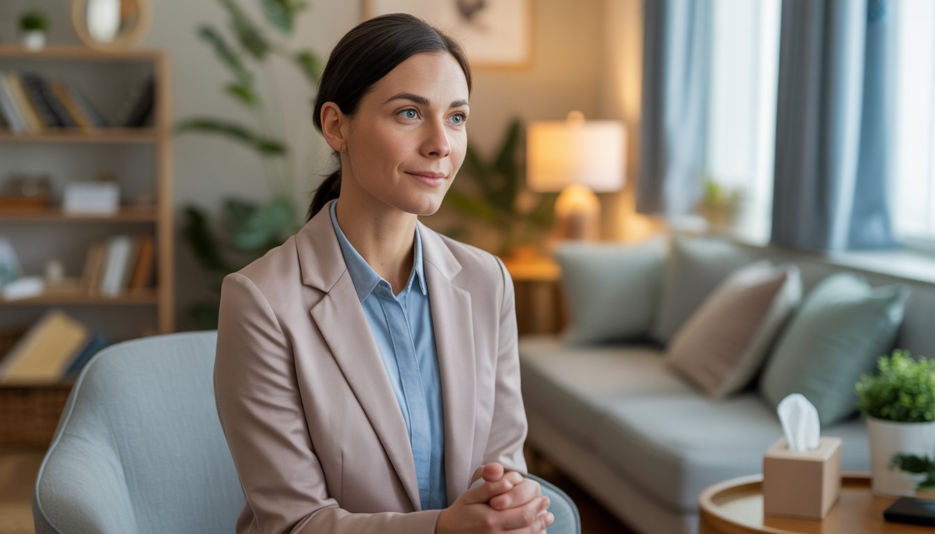 A female therapist sitting in a warm, inviting office, looking kind and empathetic.