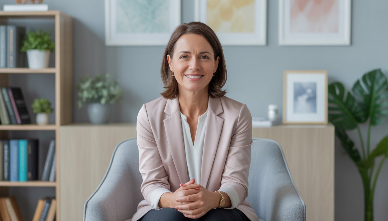 A compassionate female therapist sitting in a bright, modern office with books and plants, offering a supportive and caring atmosphere.