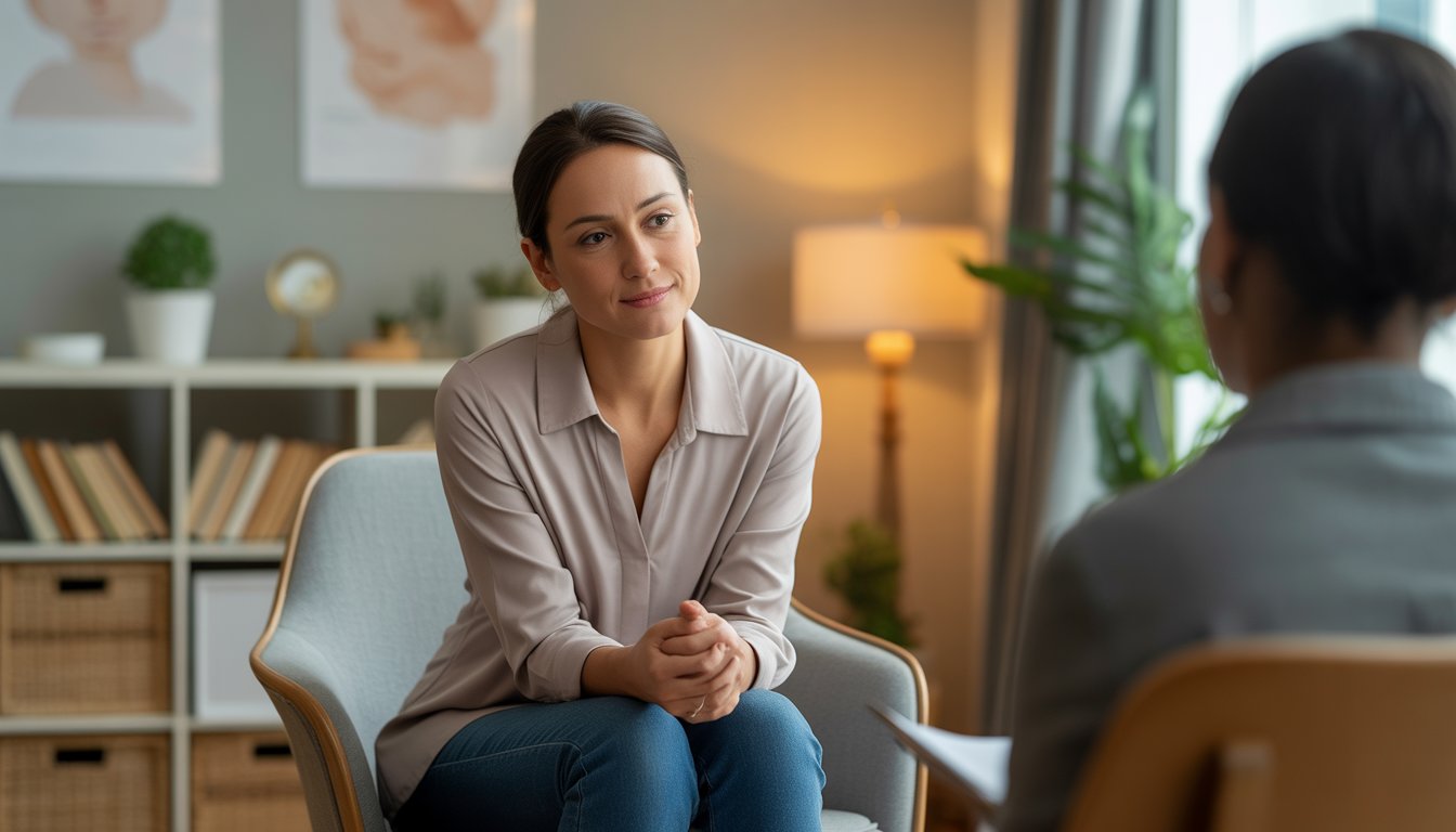 A female therapist sitting in a calm office, attentively listening and providing support.