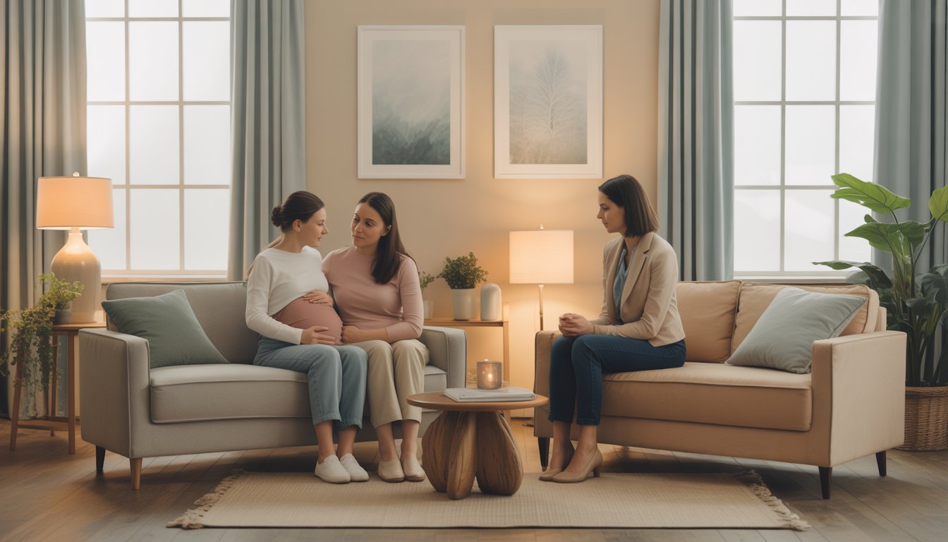 A therapist attentively listens to a couple in a calm, comfortable therapy room with soft lighting and natural decor.