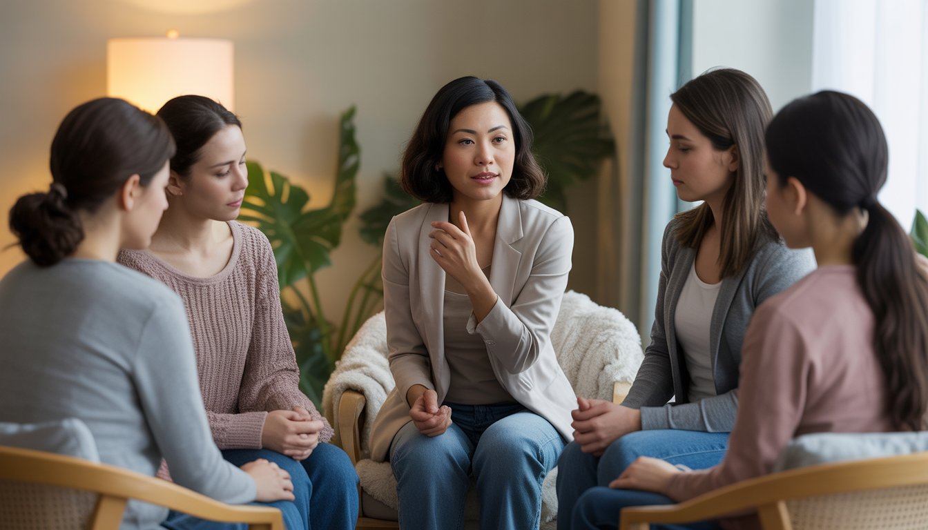 A female therapist leads a small group session supporting women coping with pregnancy loss in a cozy therapy room.