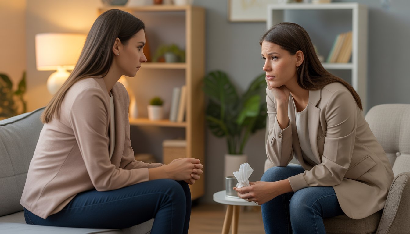 A female therapist attentively supports an emotional woman in a calm counseling office.
