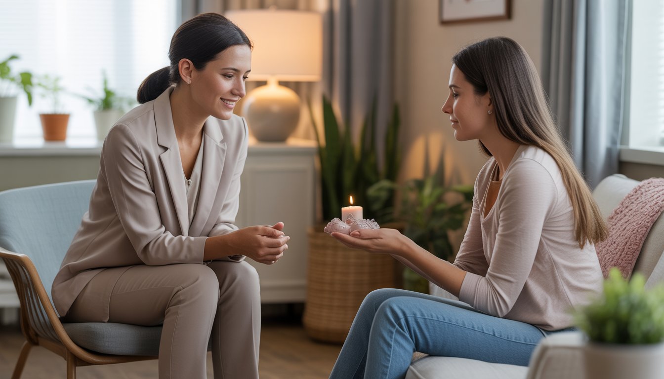 A female therapist attentively listening to a young woman in a comfortable counseling office, creating a supportive and caring atmosphere.