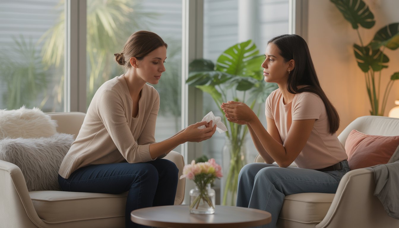 A female therapist comforting a young woman in a warm, softly lit therapy office with plants and cozy seating.