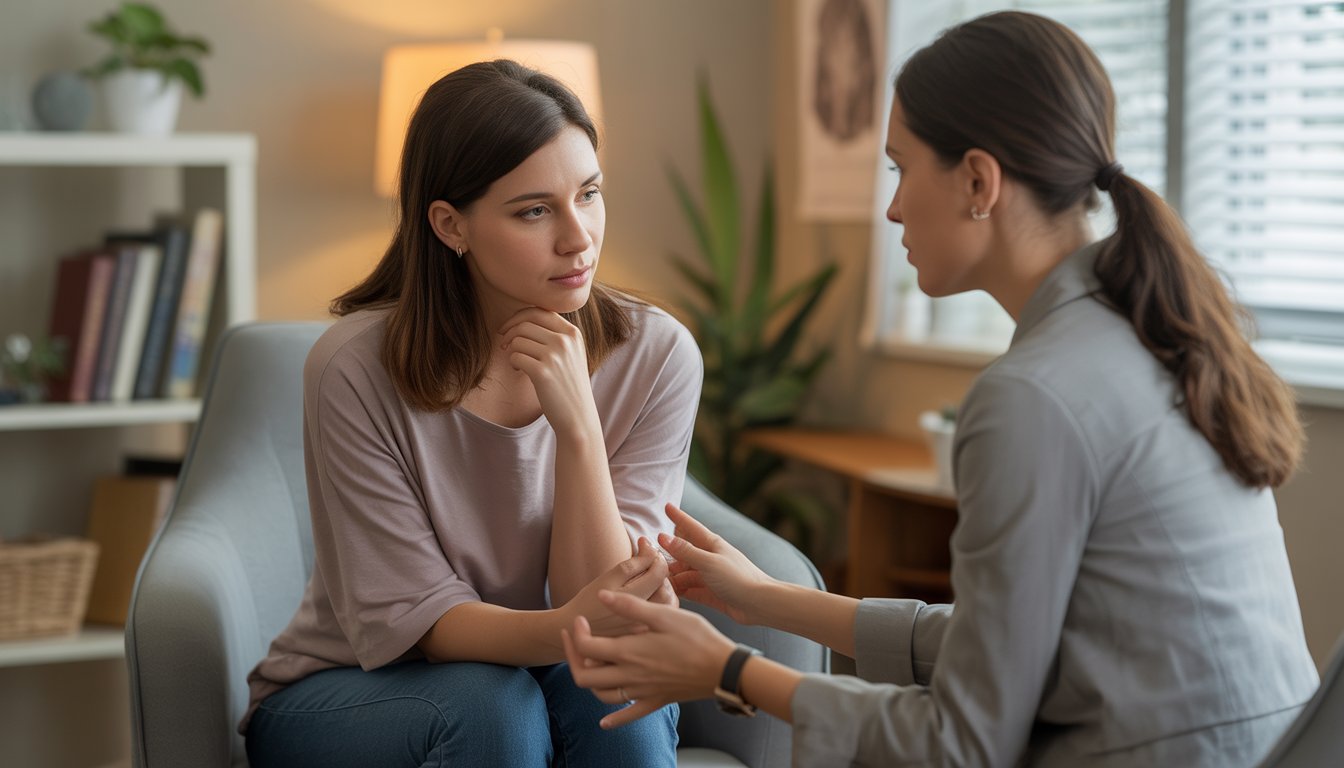 A female therapist attentively listens to a woman in a calm, supportive therapy office.