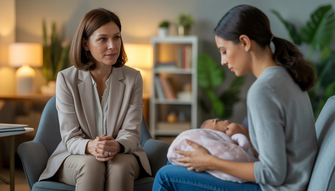 A female therapist attentively listening to a young mother in a warm, comfortable office setting.