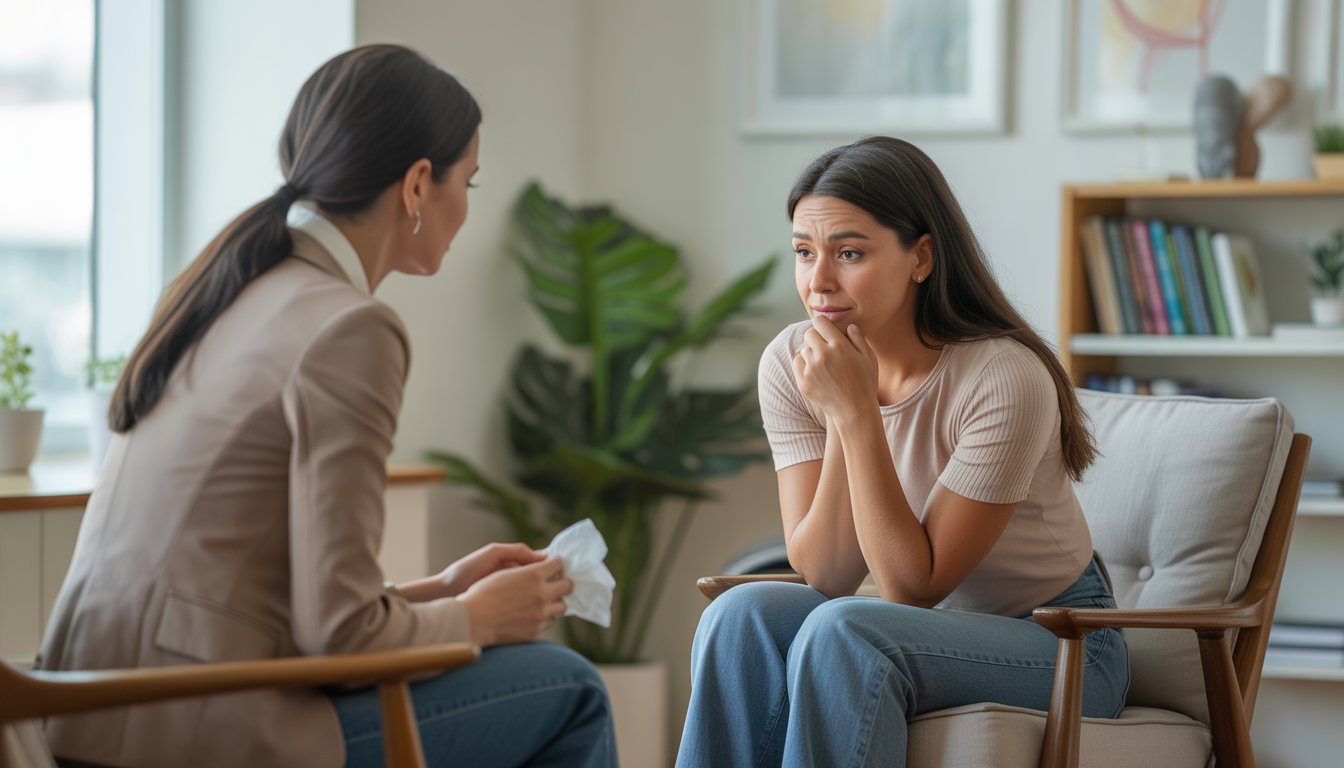 A female therapist attentively listening to a young woman in a counseling office, both seated and engaged in a supportive conversation.