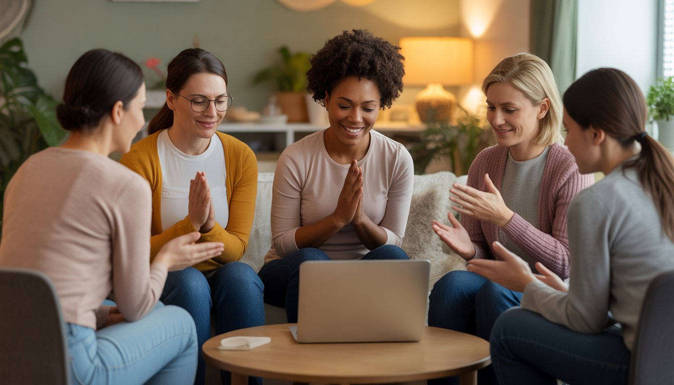 A diverse group of adults participating in an online support group video call in a cozy home office setting.