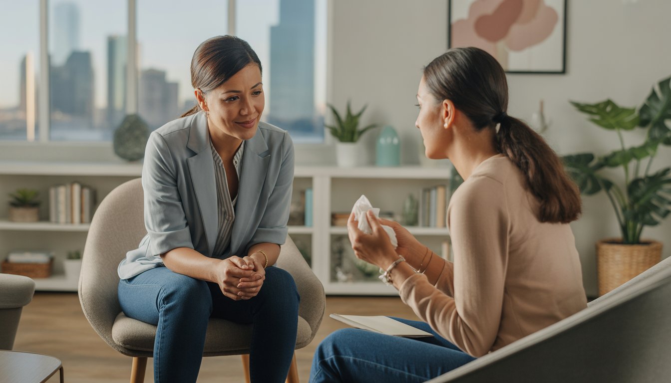 A therapist and a young woman having a supportive conversation in a bright therapy office with a city view.