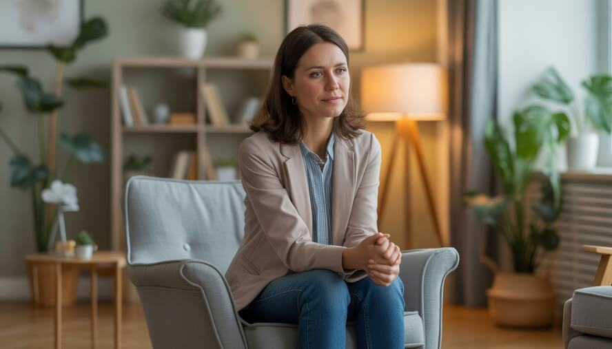 A female therapist sitting comfortably in a counseling office with warm lighting and plants, looking empathetic and approachable.
