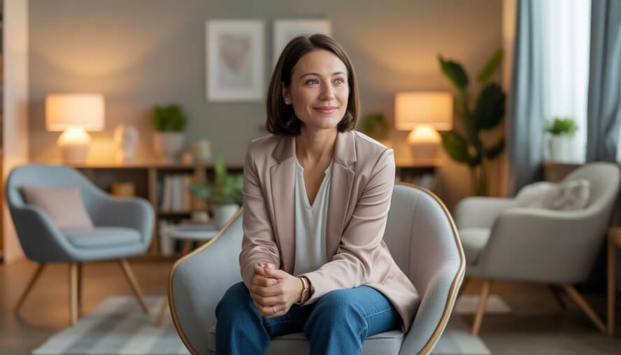 A female therapist sitting in a comfortable office with soft lighting and cozy chairs arranged for therapy sessions.