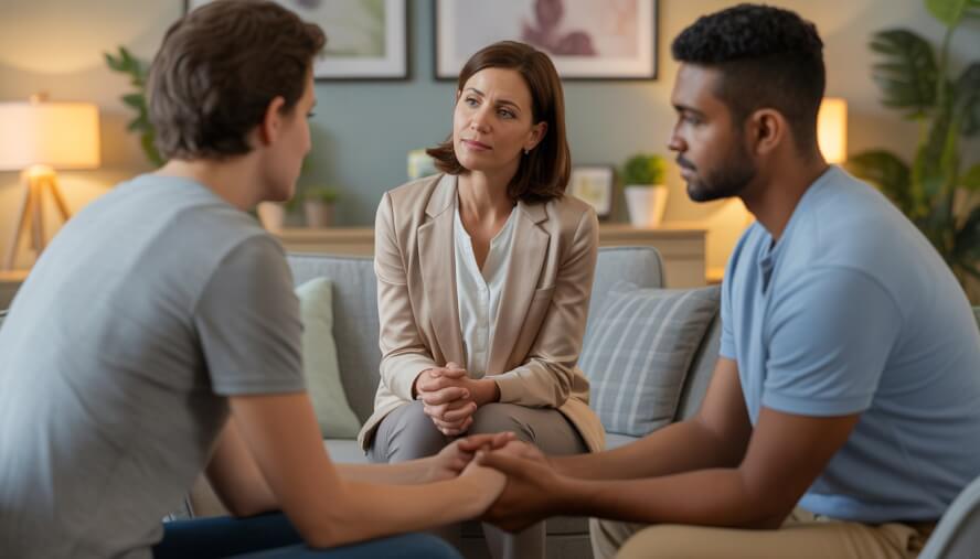 A female therapist attentively listens to a young couple holding hands in a warm and calming counseling office.