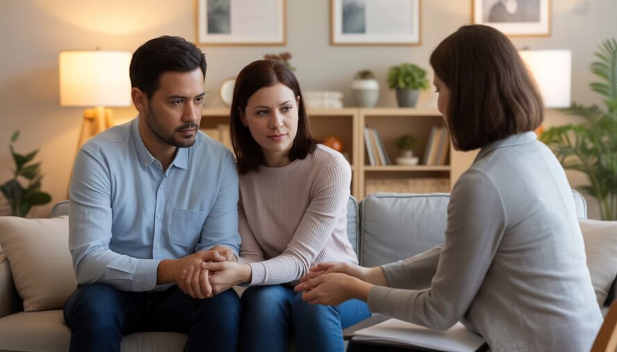 A couple sitting together with a therapist in a cozy therapy office, showing support and care.