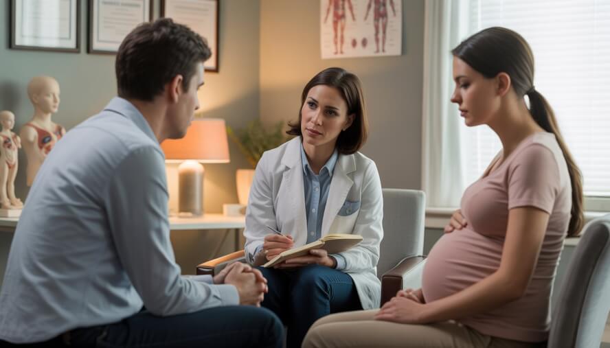 A therapist supports a pregnant woman and her partner during a counseling session in a calm medical office.