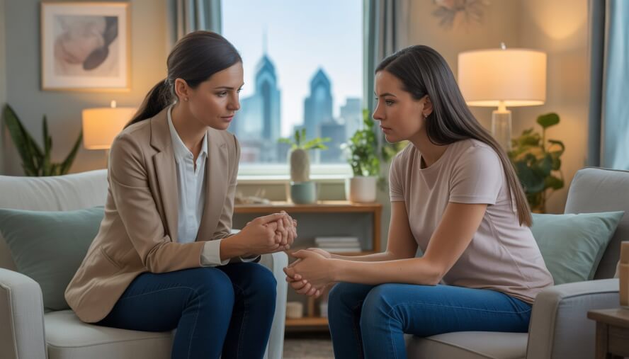 A therapist attentively listens to a woman in a warm, comfortable therapy office with a view of Philadelphia in the background.