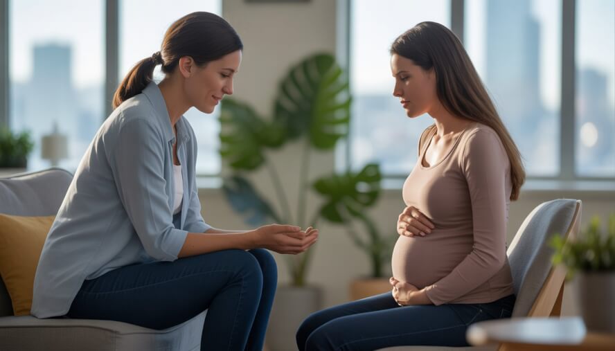 A female therapist gently listening to a pregnant woman in a calm therapy office with natural light and plants.