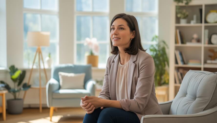 A female therapist sitting in a bright, comfortable counseling office, looking warm and empathetic.