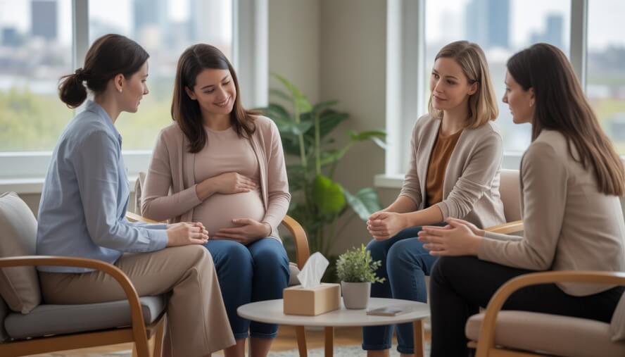 Two therapists support a pregnant woman and a new mother in a bright counseling office with large windows overlooking Seattle.