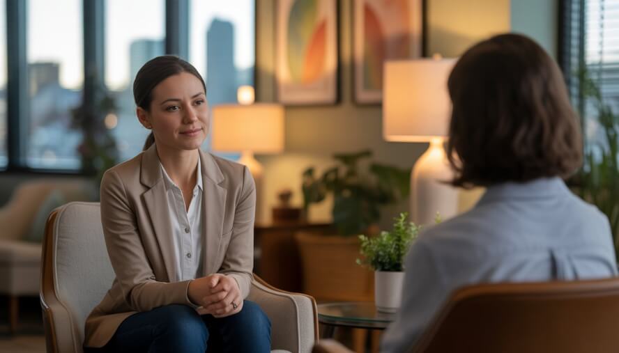 A female therapist sitting in a comfortable office, attentively listening with a calm expression.