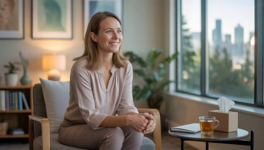 A female therapist sitting in a cozy office with a window view of Seattle, surrounded by calming decor and therapy-related items.