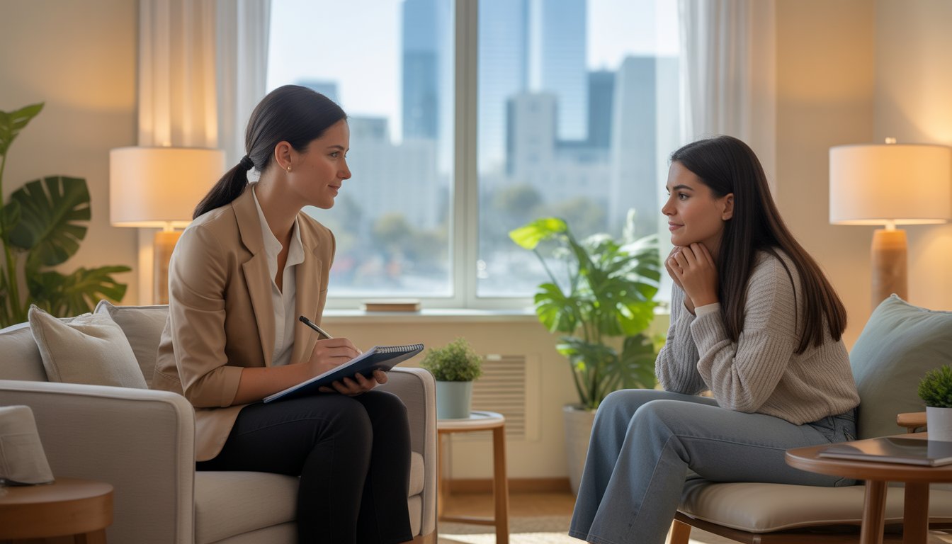 A female therapist attentively listening to a young woman in a comfortable therapy office with a city view.