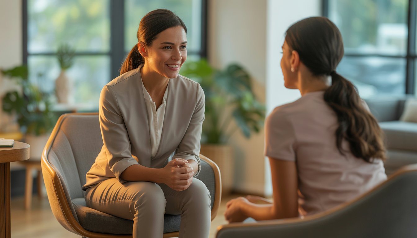A female therapist attentively listening to a female client in a warm, inviting office.