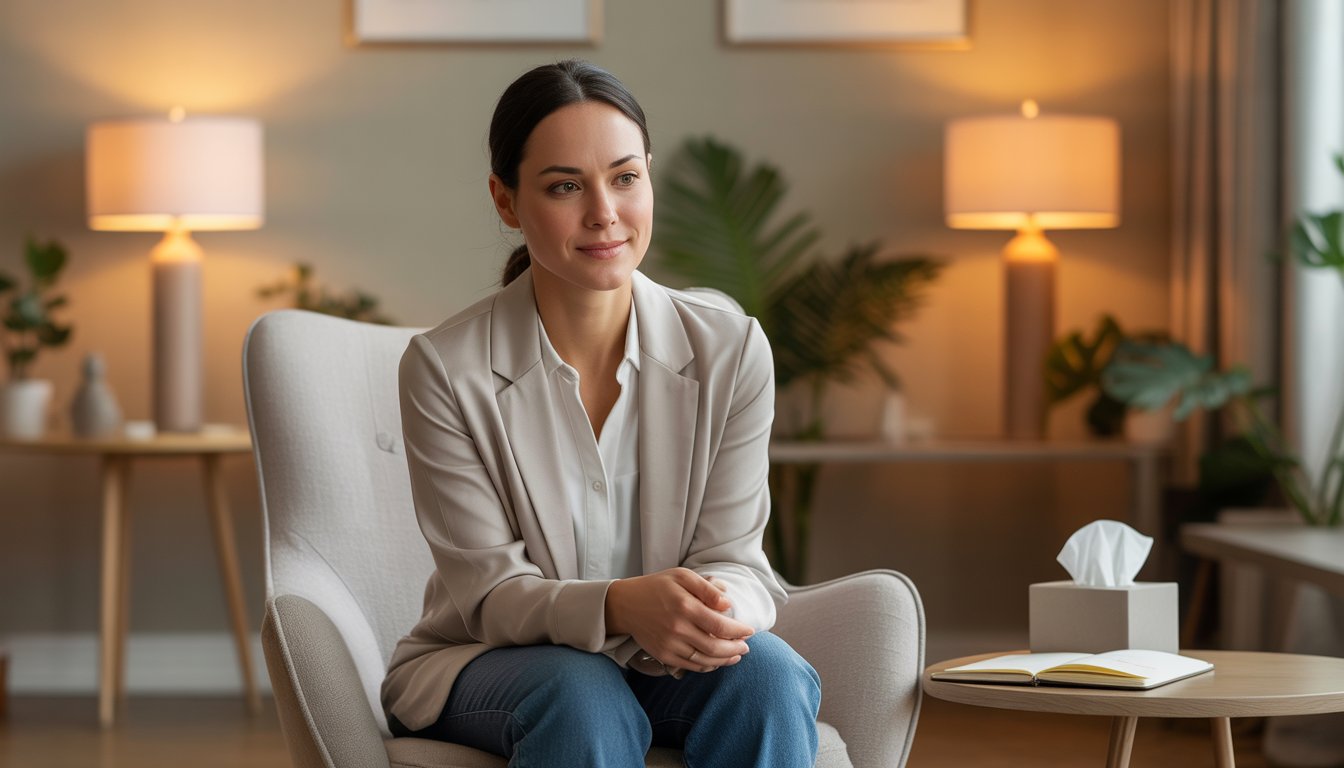 A female therapist sitting in a comfortable office, looking calm and empathetic.