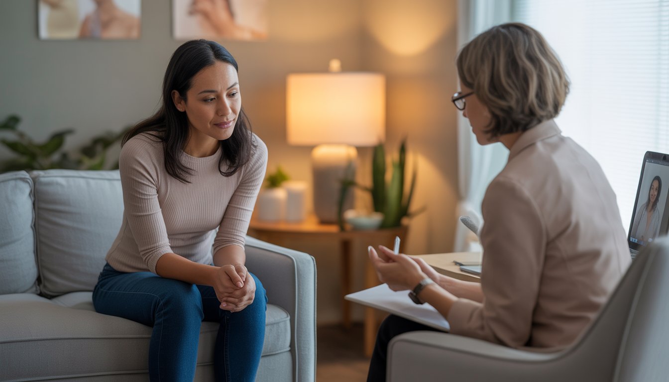 An adult woman in a therapy session with a caring therapist in a comfortable office, with a laptop nearby indicating virtual therapy options.