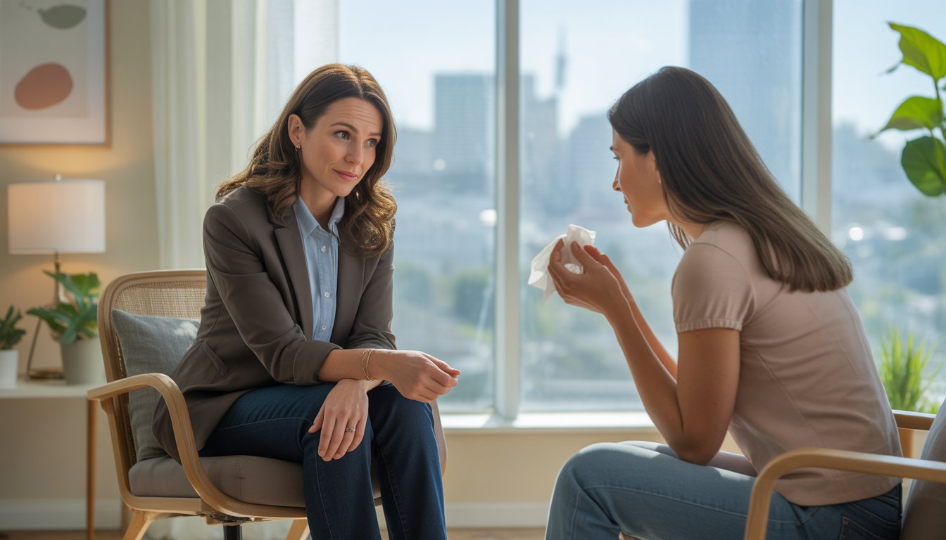 A female therapist attentively listening to an emotional woman in a bright counseling office with a view of the San Jose cityscape.