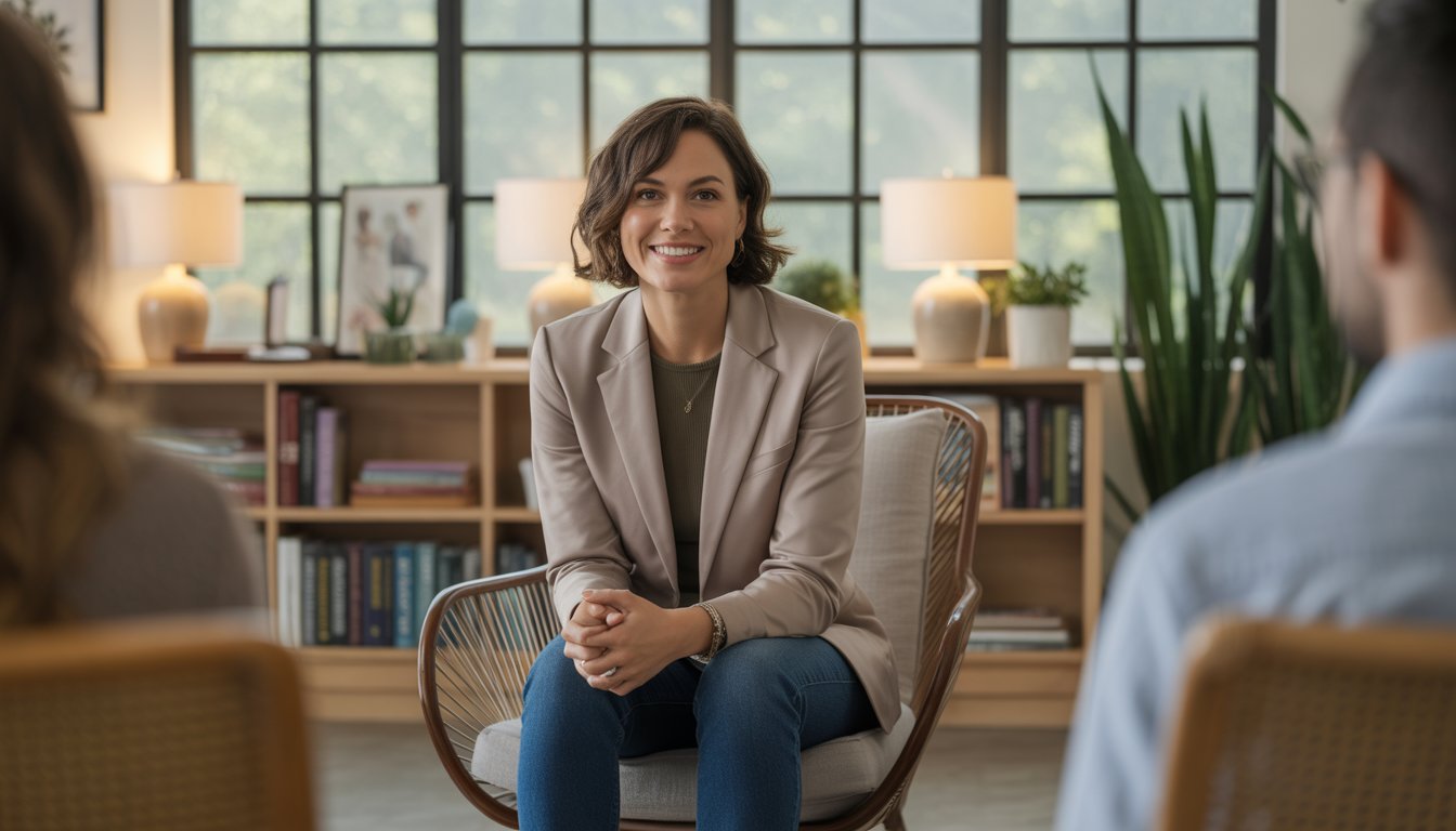 A female therapist sitting in a comfortable office, attentively listening and creating a welcoming environment.