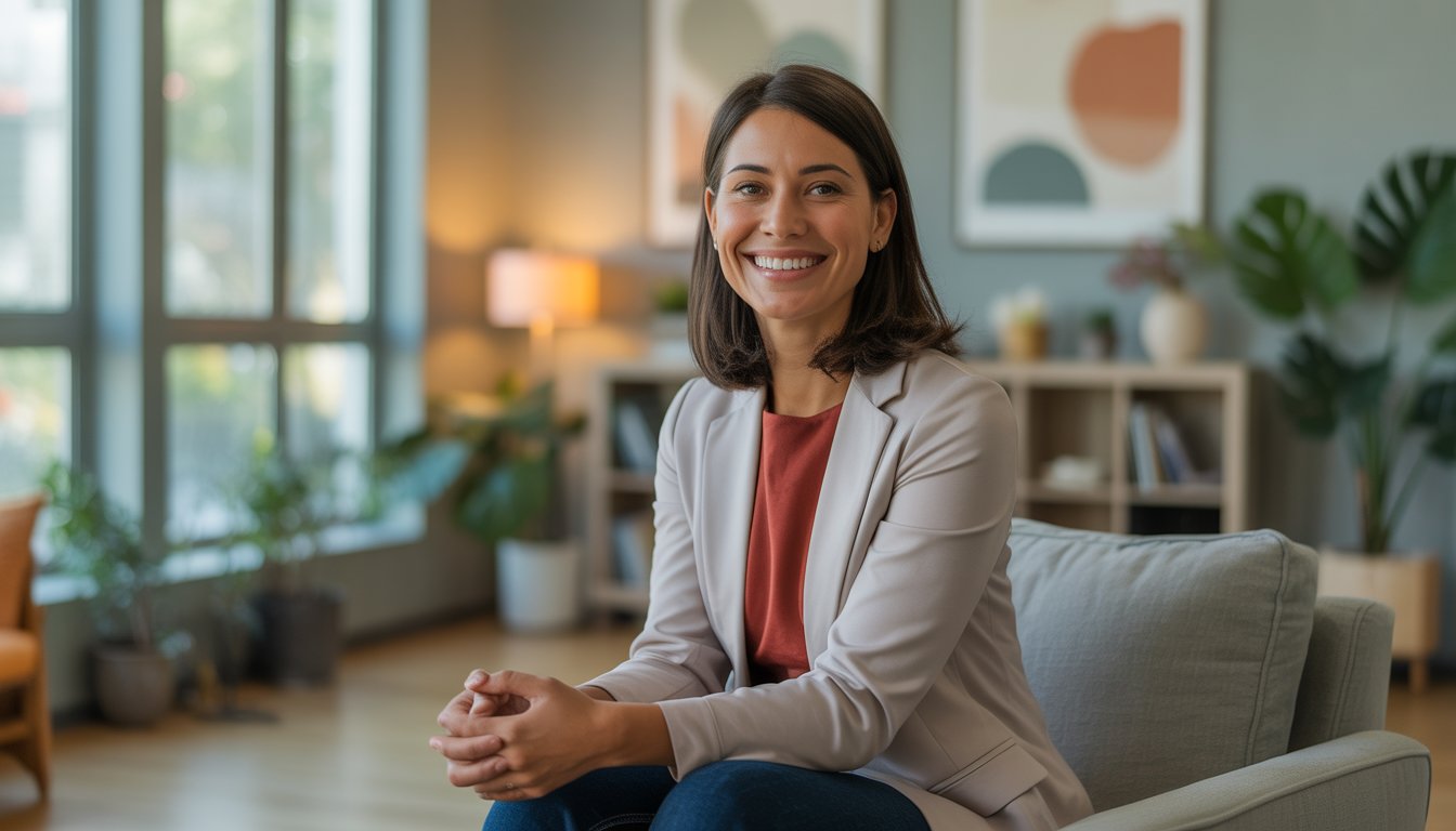 A smiling female therapist sitting in a bright, comfortable counseling office with plants and bookshelves visible.