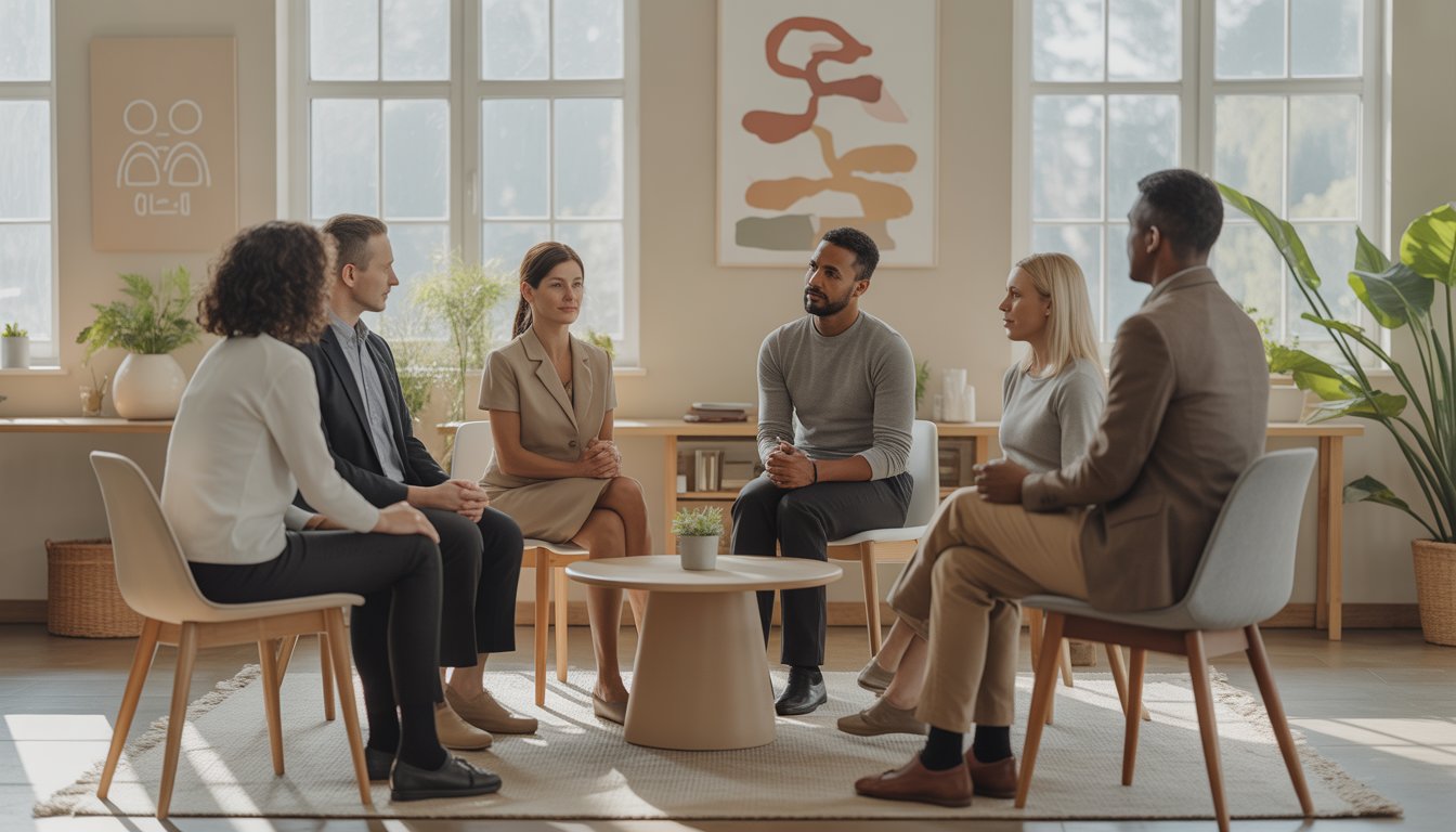 A diverse group of therapists sitting around a table in a bright, welcoming therapy office having a supportive discussion.