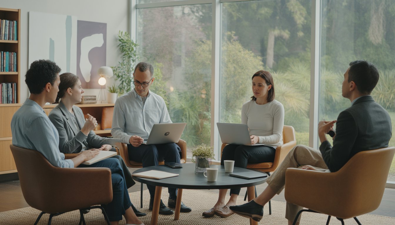 A diverse group of therapists having a discussion in a bright, comfortable therapy room with large windows and greenery outside.