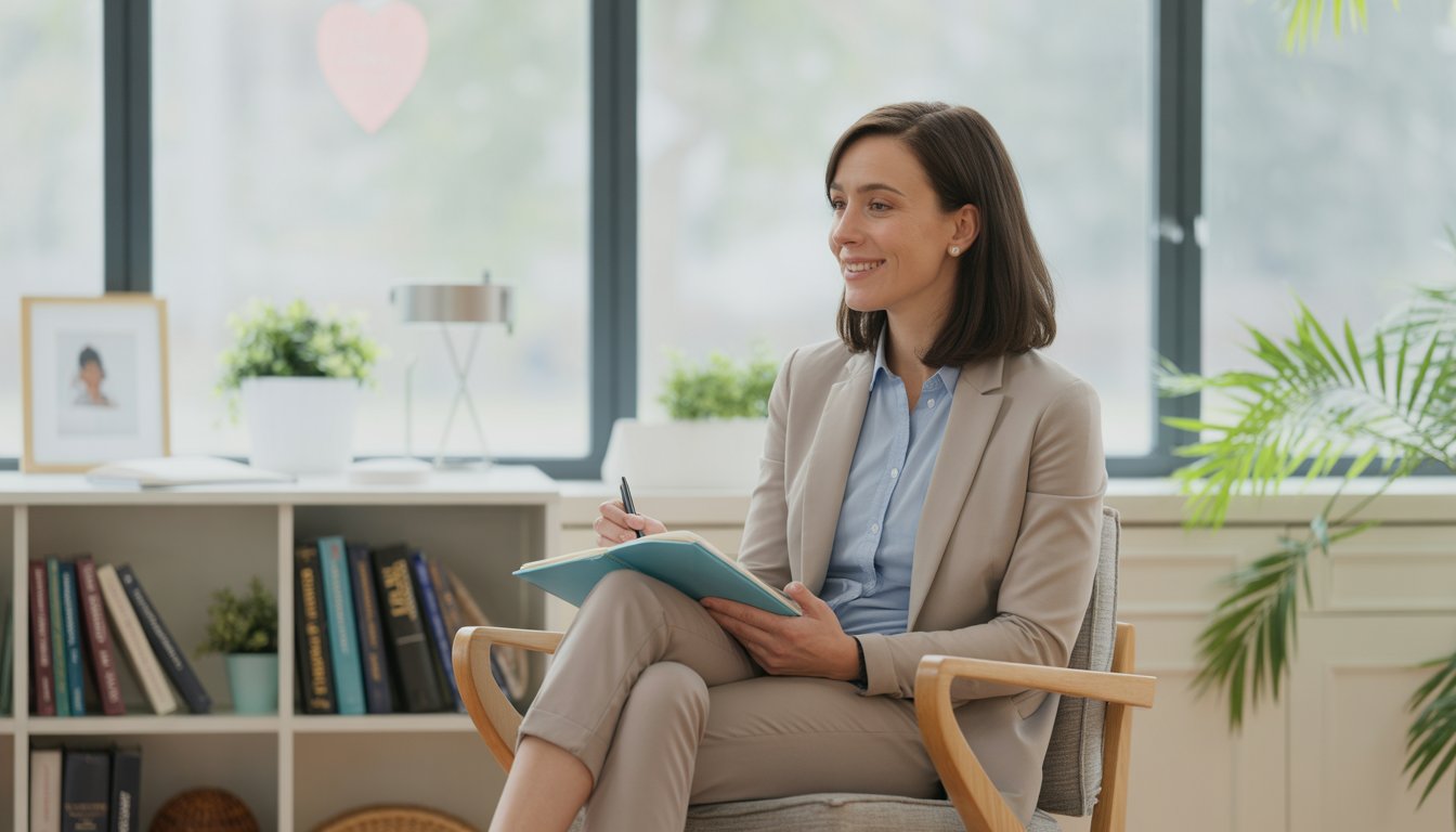 A friendly female therapist sitting in a modern office with bookshelves and plants, listening attentively.