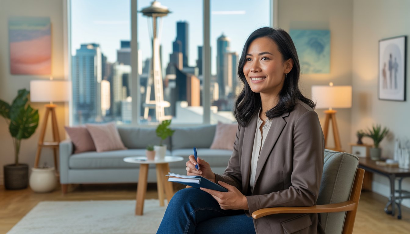 A female therapist sitting in a bright office with a view of Seattle, listening attentively and smiling.