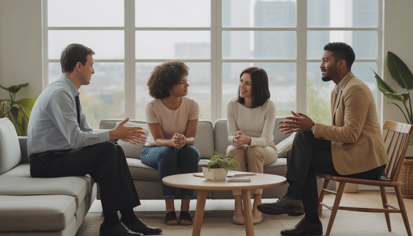 Two therapists talking with a couple in a bright, modern therapy office with large windows showing a city view.